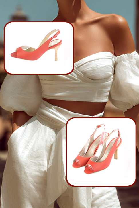 Dress heels peep-toe slingback in coral leather with high spool heels and round toe - Worn view